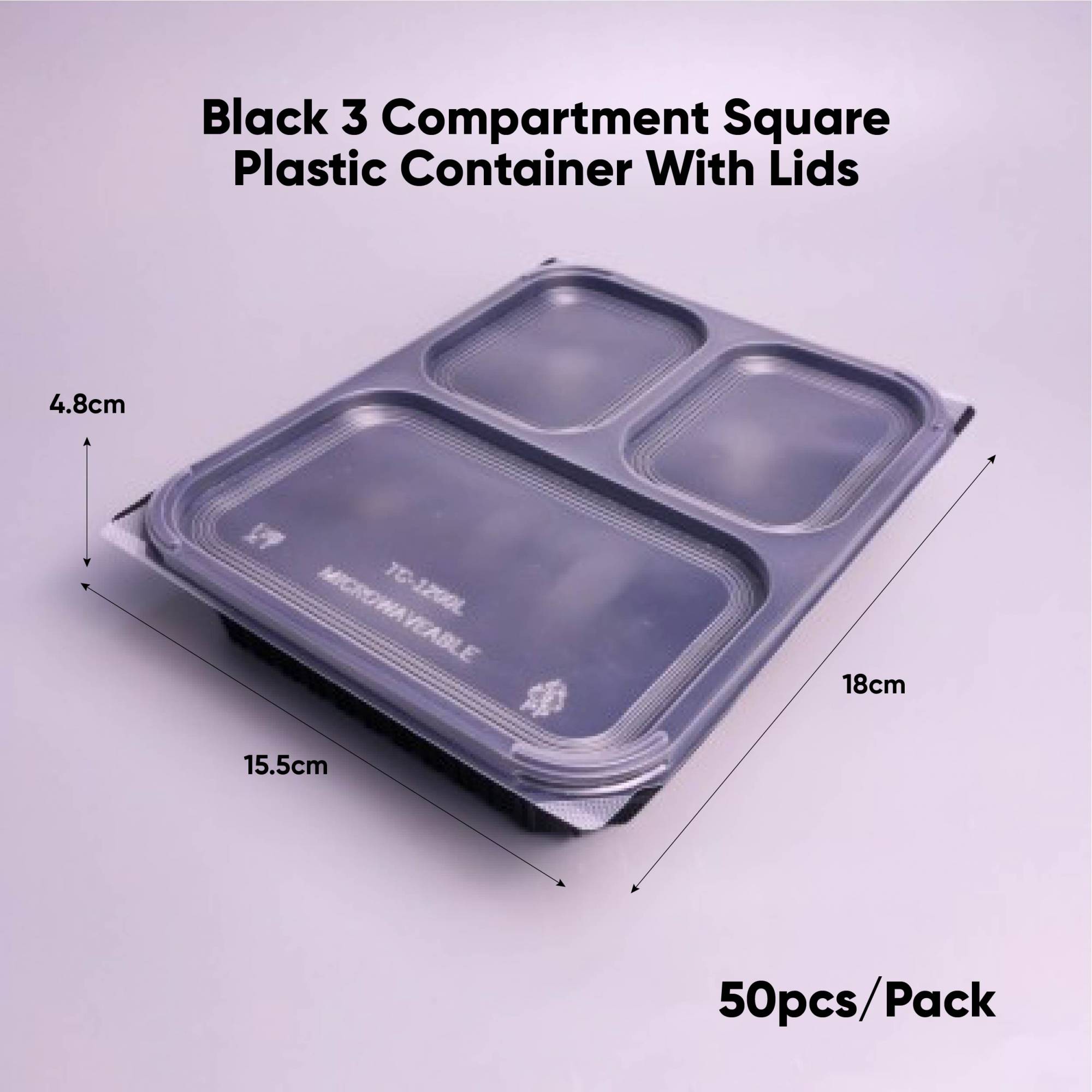 Black 3 Compartment Square Plastic Container With Lids