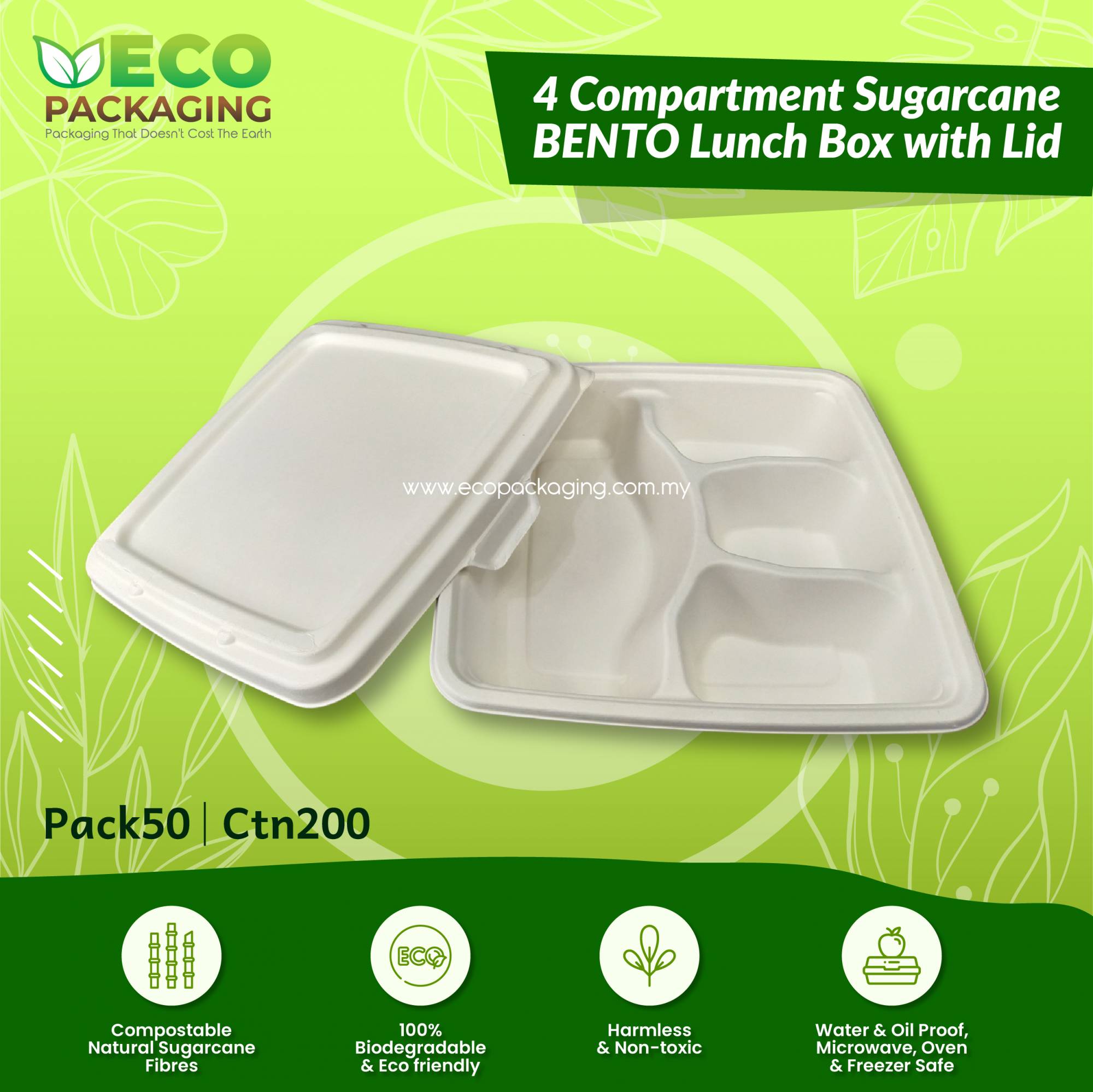 4 Compartment Sugarcane BENTO Lunch Box with Lid