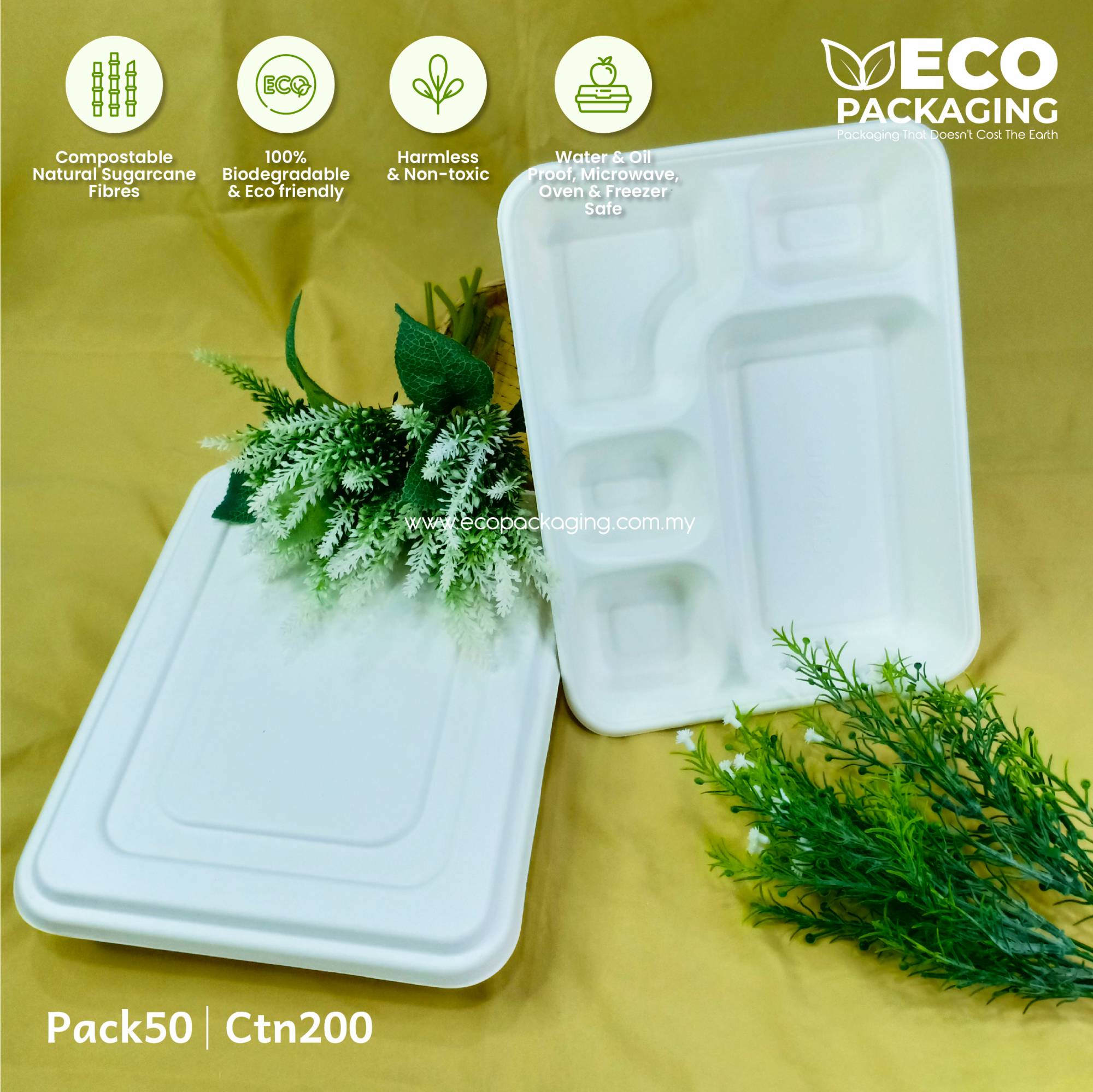5 Compartment Sugarcane BENTO Lunch Box with Lid