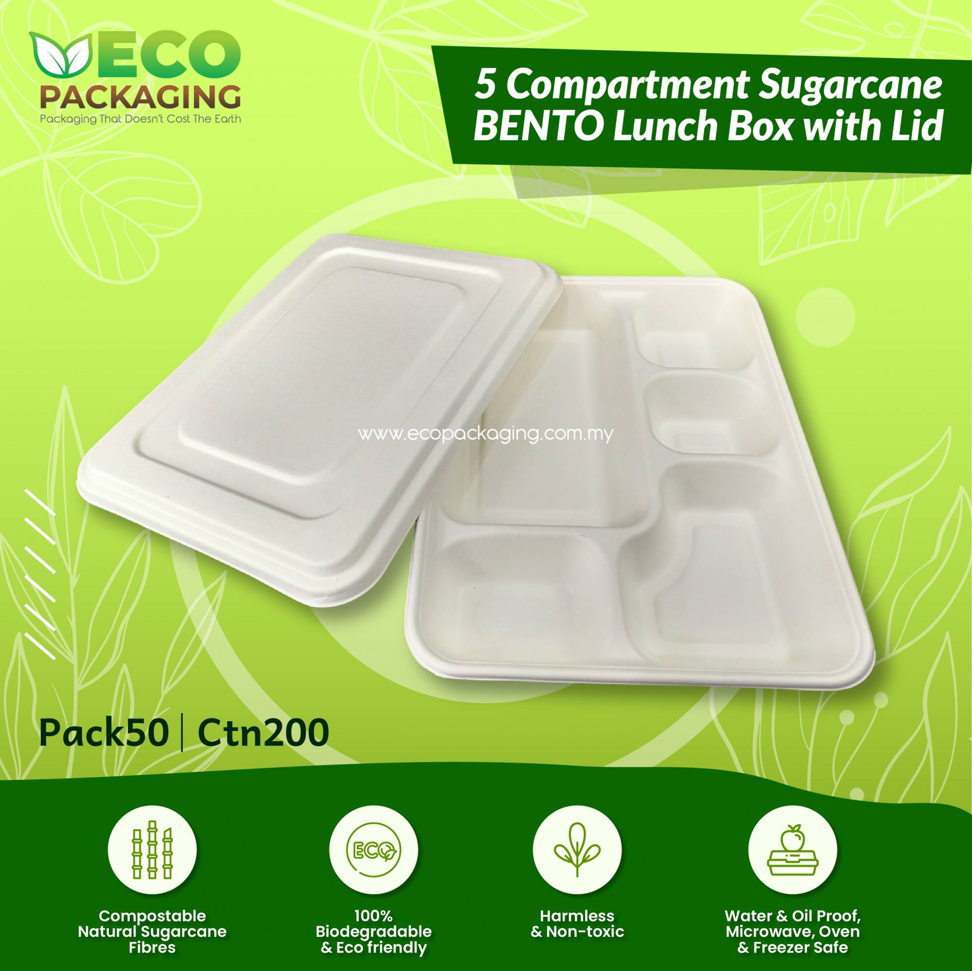 5 Compartment Sugarcane BENTO Lunch Box with Lid