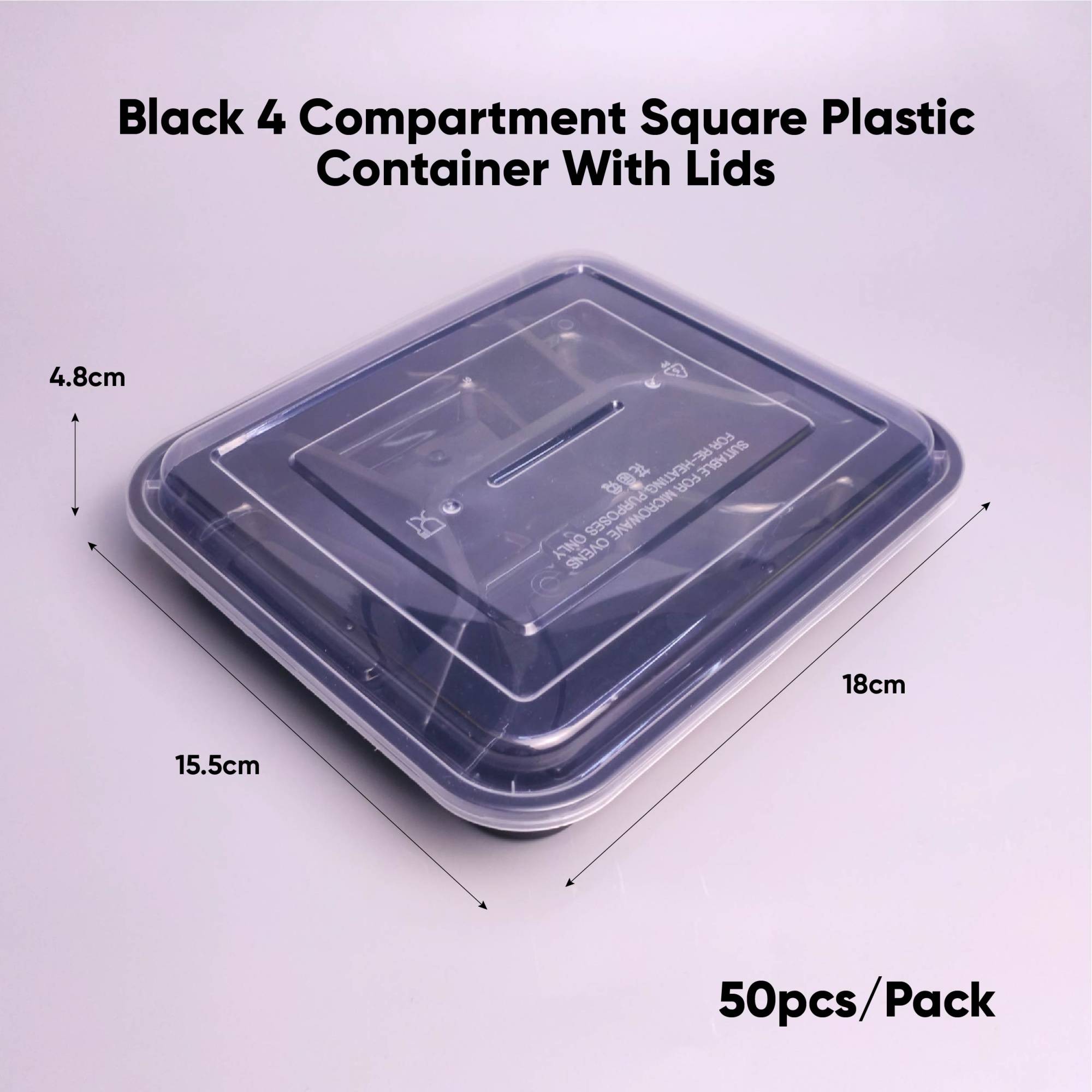 Premium Black 4 Compartment Square Plastic Container With LID PACK50