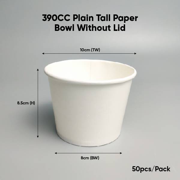 390CC Plain Tall Paper Bowl Without Lid PACK50/CTN1000 (50PCS X 20PACK)