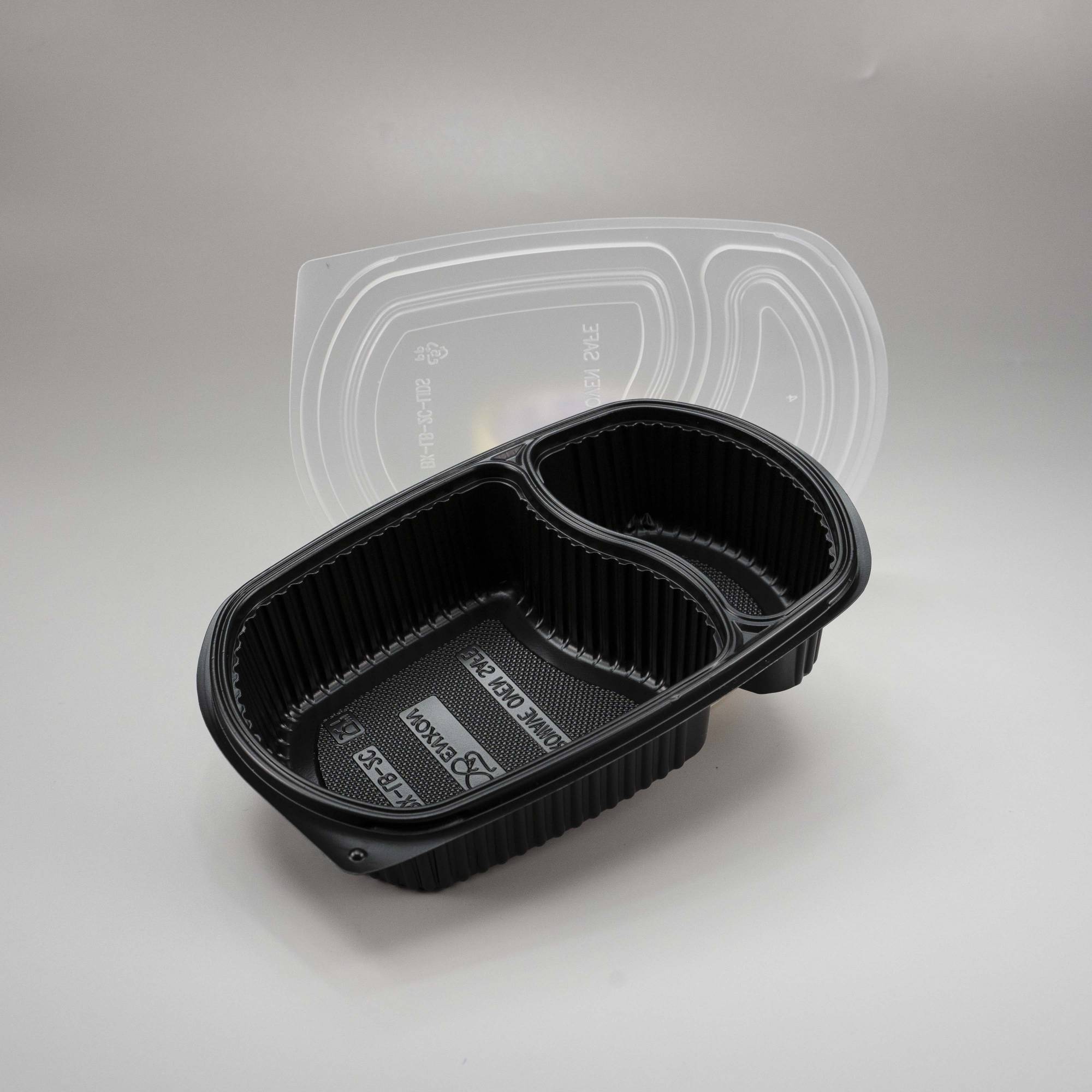 BLACK BASE TWO COMPARTMENT PLASTIC SNACK BOX WITH LID PACK50/CTN400