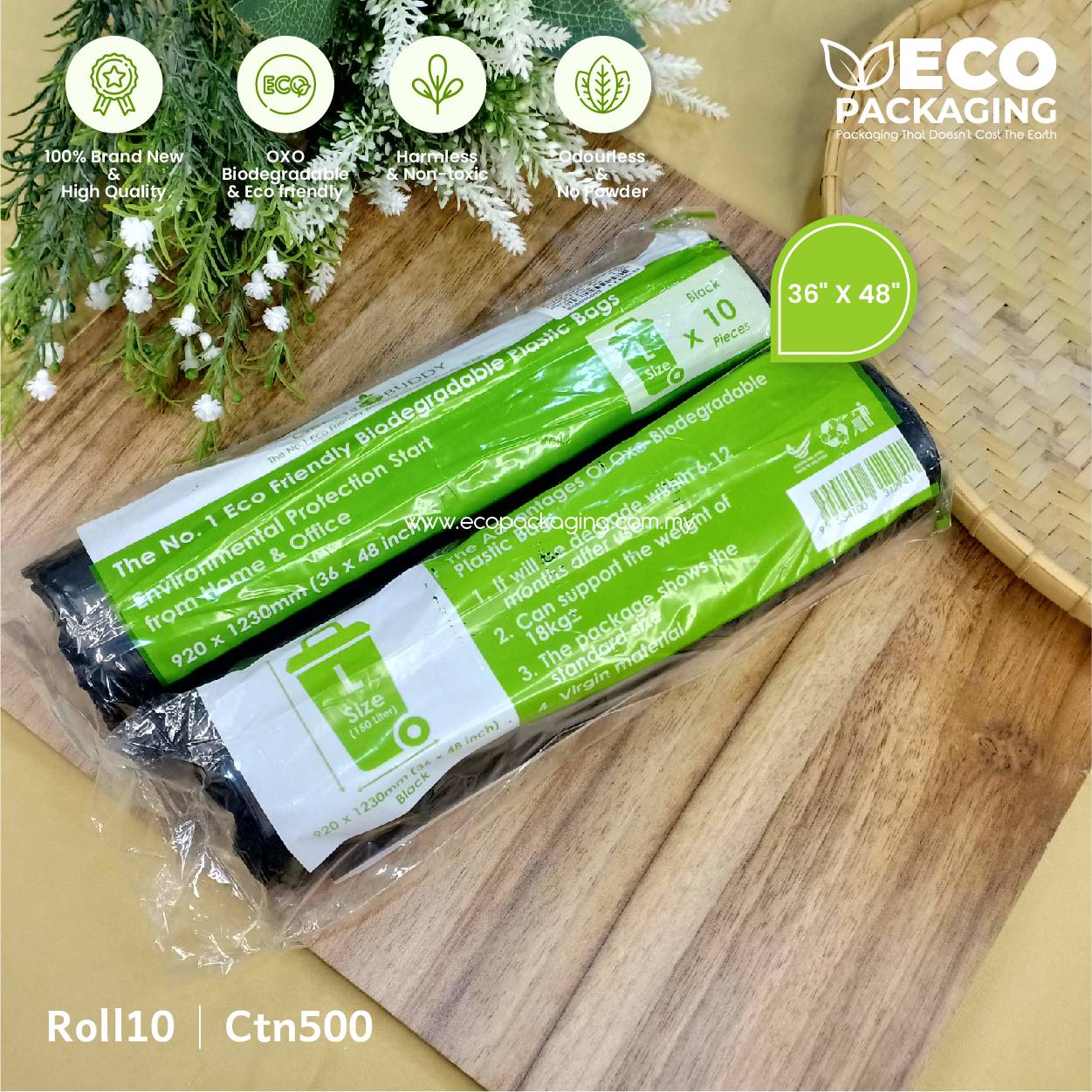 36" x 48" (L) Black Biodegradable Garbage Bag ROLL10/CTN500