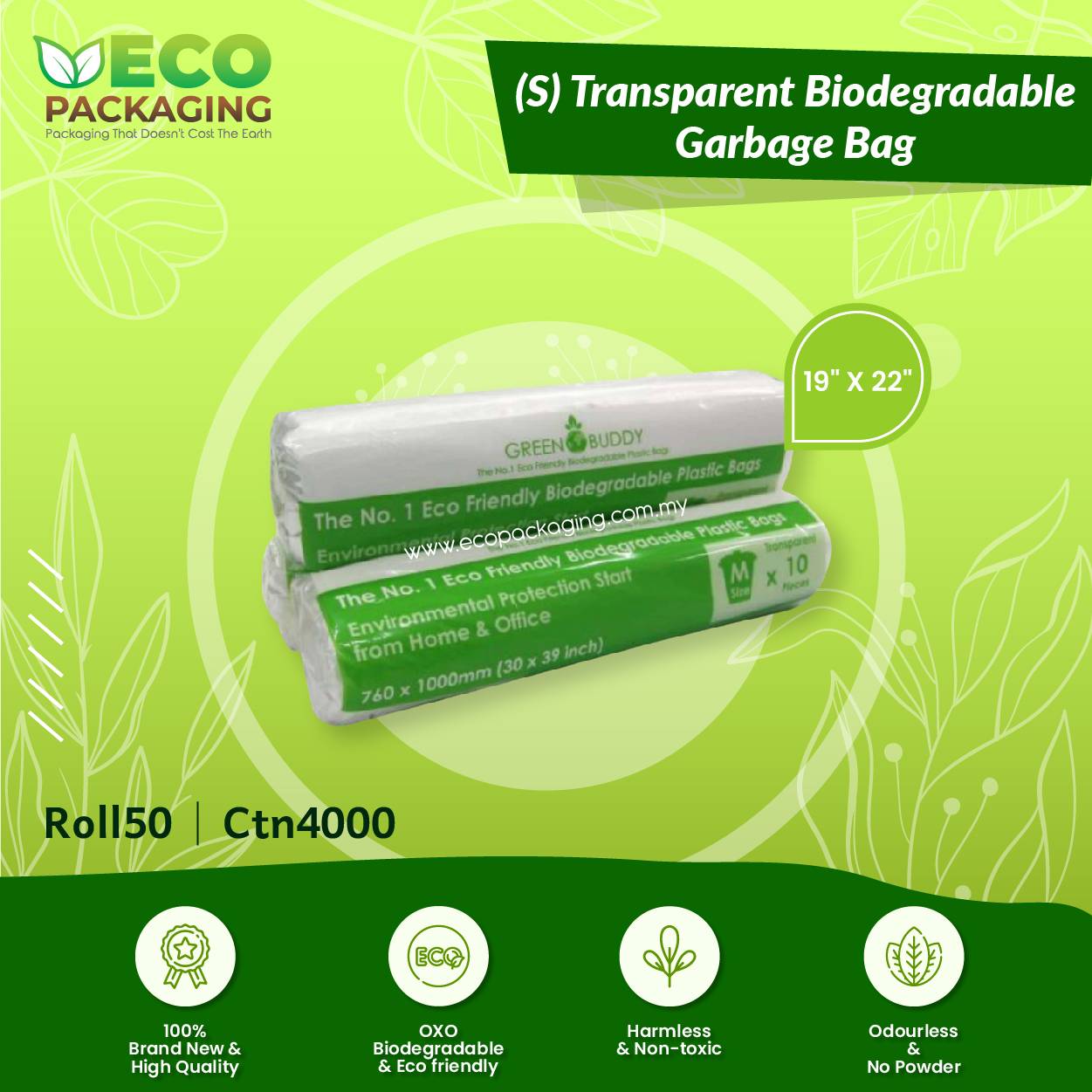 19" x 22" (S) Transparent Biodegradable Garbage Bag ROLL50/CTN4000