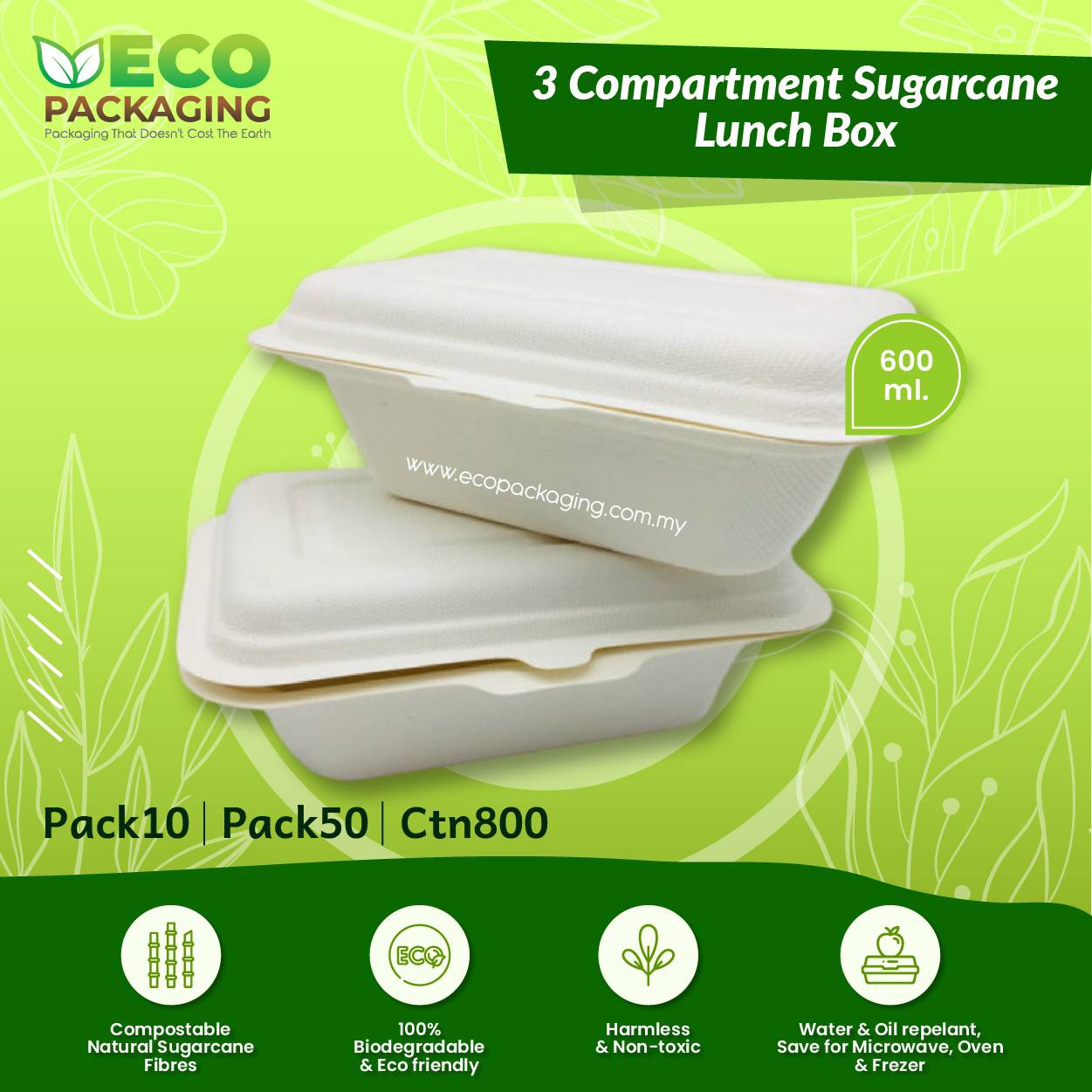 Compostable Eco Friendly White Sugarcane Lunch Box (600ML)