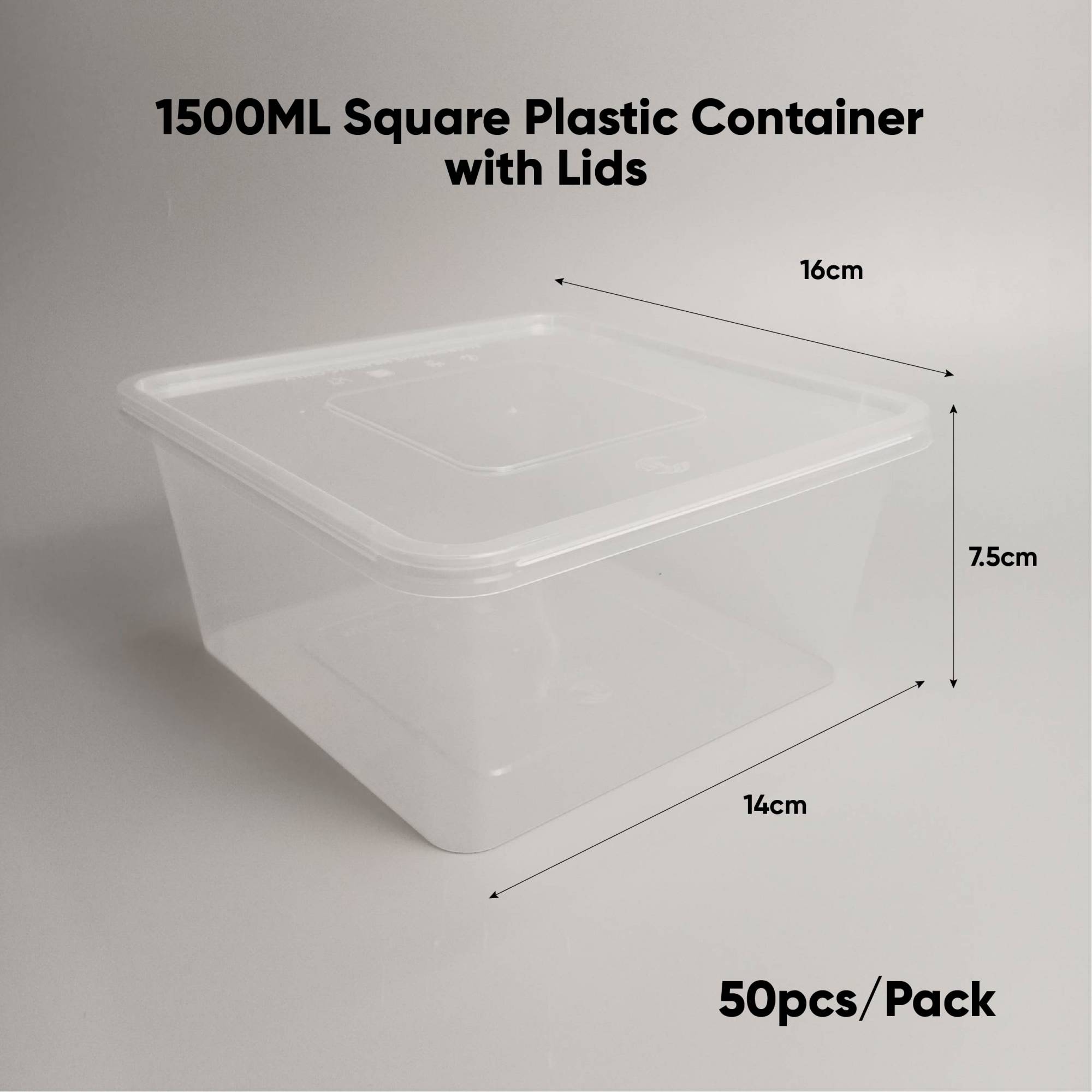 1500ML Square Plastic Container with Lids SLV10/PACK50/CTN300 (50PCS
